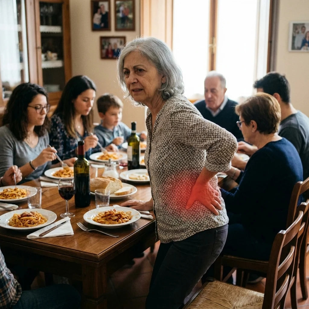 Dolore al coccige a tavola durante il pranzo di famiglia