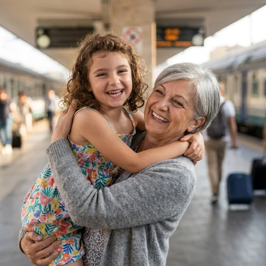 Sul binario solleva la nipote con tutte e due le braccia, raggiante, senza dolore