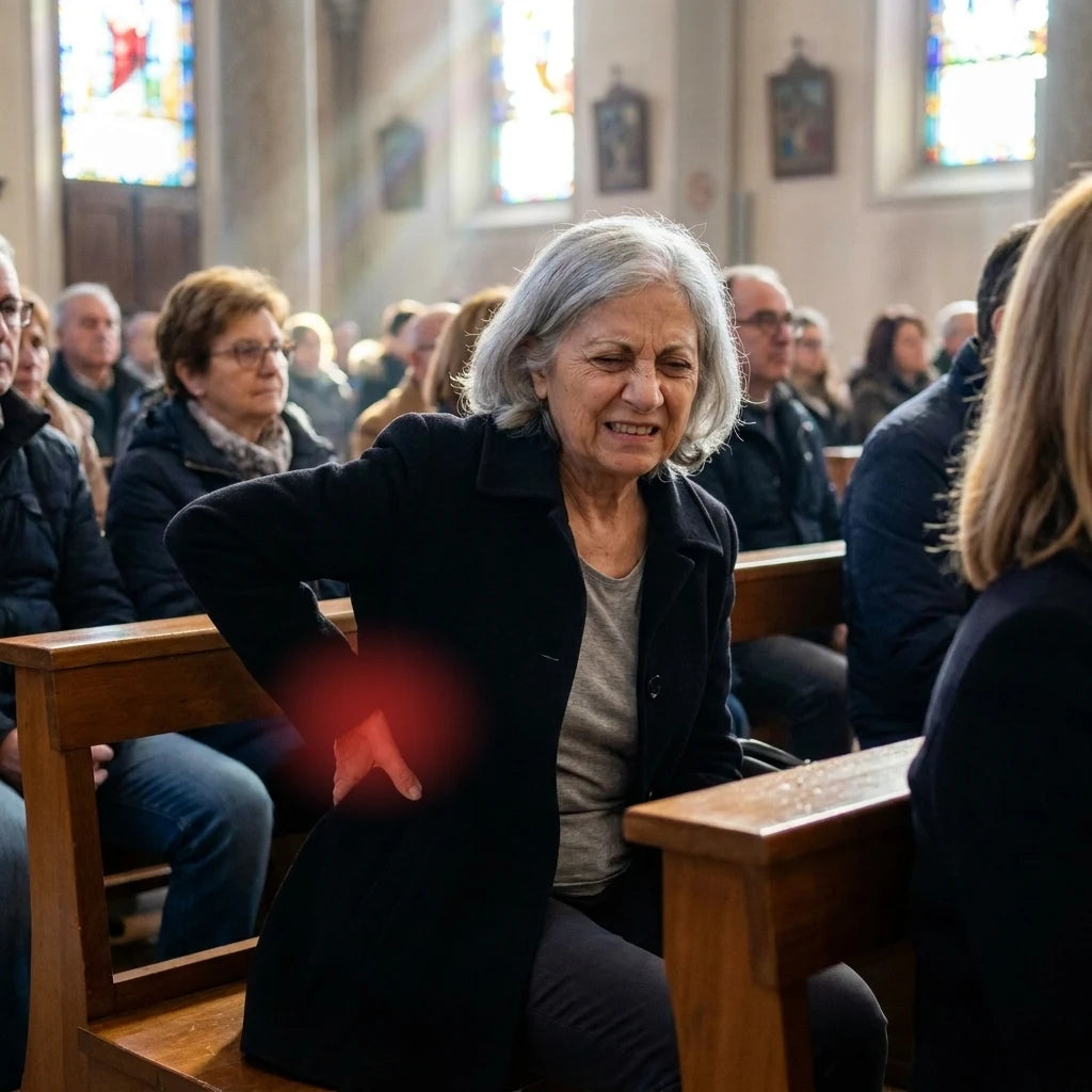 Dolore sulle panche della chiesa durante la messa