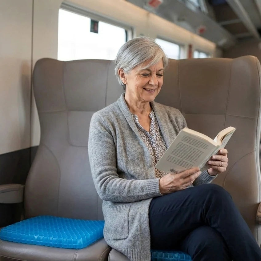 Seduta sul cuscino in gel Sedolce sul sedile del treno, legge rilassata